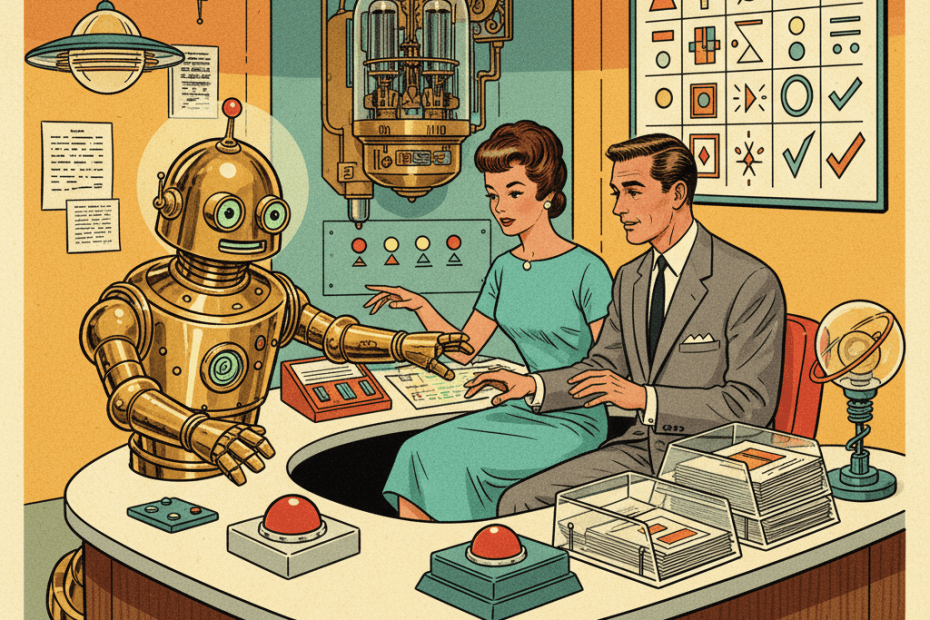 Retro-futurist 1950s-style illustration of an office worker and a friendly robot assistant checking glowing control panels together in a tidy futuristic office, for an article about why workplace AI tools still need human oversight and sensible safeguards.