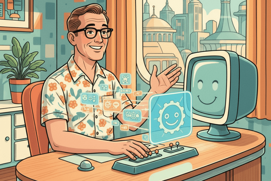 Retro-futurist 1950s-style illustration of a cheerful home office with a classic-looking future computer, where a person tidies away glowing AI buttons while keeping one helpful assistant screen, for an article about Microsoft reducing unnecessary Copilot features in Windows.