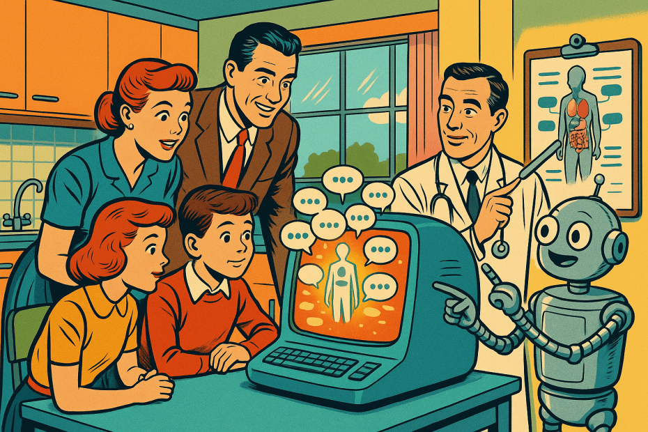 Retro-futurist 1950s-style illustration of a family consulting a futuristic computer showing many voices while a doctor points to a proper medical chart, for an article about Google removing an AI health search feature built around strangers’ advice