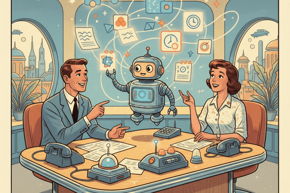 Retro-futurist 1950s-style illustration of a small office team with a helpful floating robot assistant organising meeting notes and task cards above a desk, for an article about Slack’s new AI features learning how people work and what UK teams should check before turning them on.