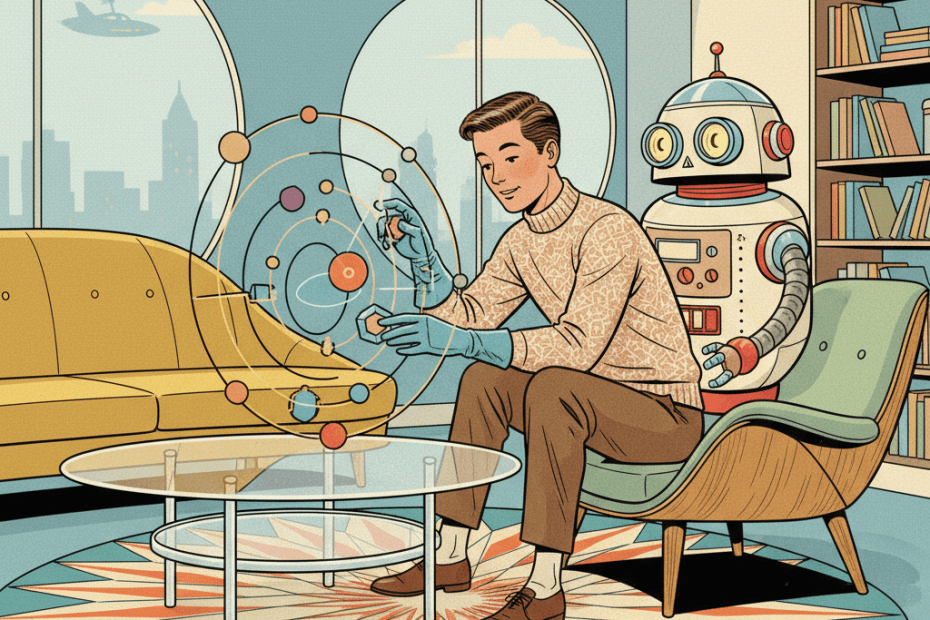 Retro-futurist 1950s-style illustration of an ordinary person at home exploring a glowing 3D orbit model with sliders in a friendly AI chat scene, for an article about Gemini making interactive simulations inside chat and what UK users should check before trusting them.