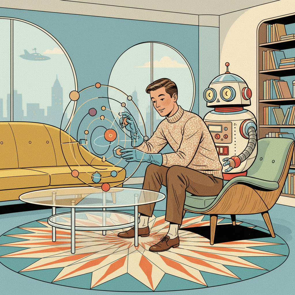 Retro-futurist 1950s-style illustration of an ordinary person at home exploring a glowing 3D orbit model with sliders in a friendly AI chat scene, for an article about Gemini making interactive simulations inside chat and what UK users should check before trusting them.