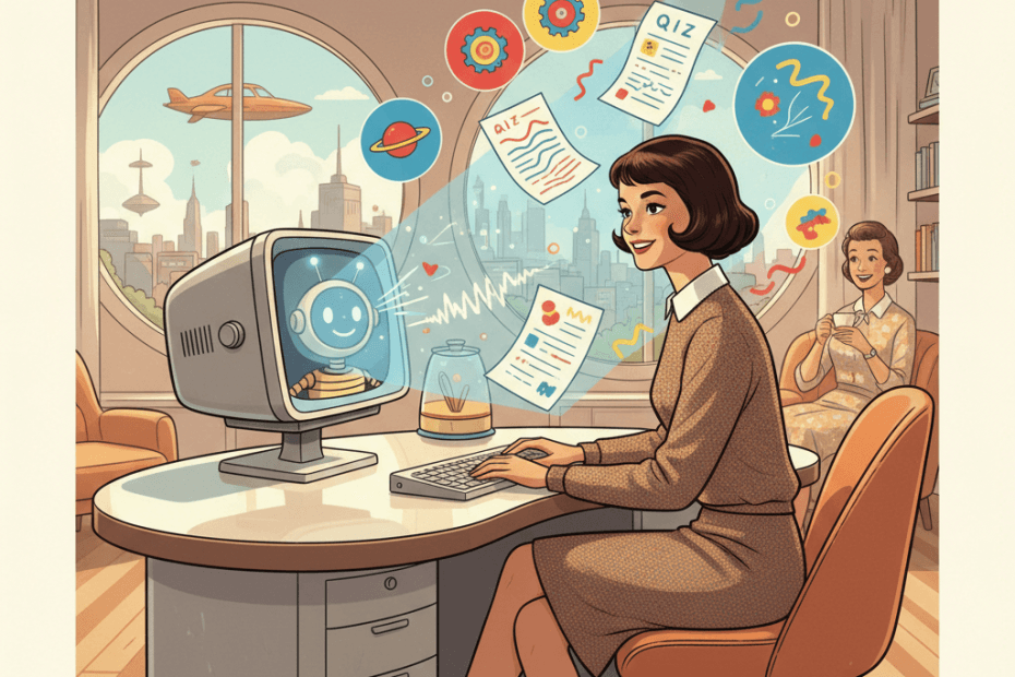 Retro-futurist 1950s-style illustration of a student at a tidy desk using a glowing home computer while animated study notes, diagrams and quiz cards float nearby, for an article about Google promoting Gemini as a revision helper for students and families.