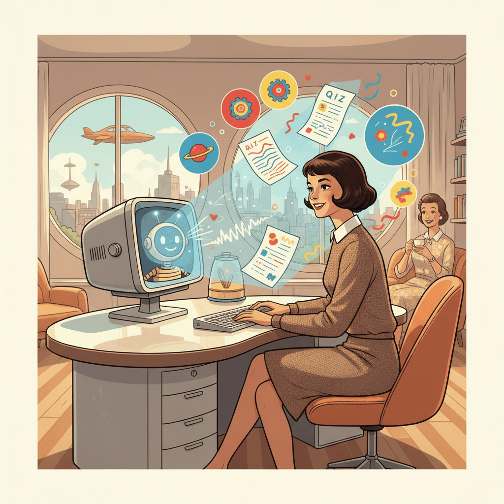 Retro-futurist 1950s-style illustration of a student at a tidy desk using a glowing home computer while animated study notes, diagrams and quiz cards float nearby, for an article about Google promoting Gemini as a revision helper for students and families.