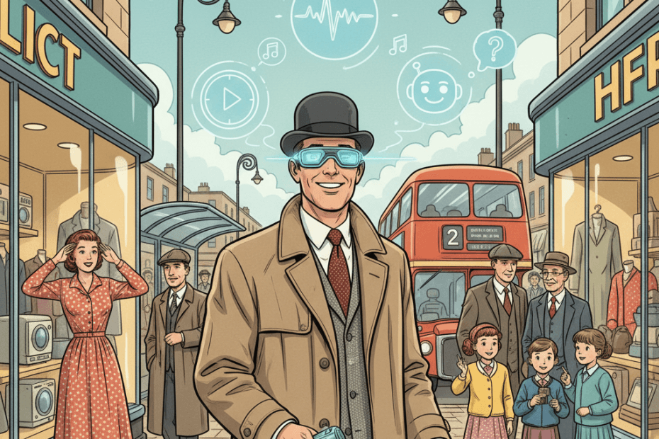 Retro-futurist 1950s-style illustration of a person wearing smart glasses on a British high street while subtle camera, audio and navigation icons float nearby, for an article about Meta AI glasses, privacy and everyday use.
