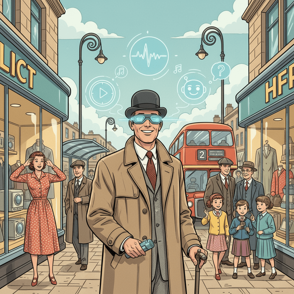 Retro-futurist 1950s-style illustration of a person wearing smart glasses on a British high street while subtle camera, audio and navigation icons float nearby, for an article about Meta AI glasses, privacy and everyday use.