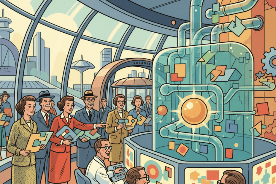 Retro-futurist 1950s-style illustration of ordinary British people submitting views to a government consultation while a friendly, transparent AI sorting system helps organise responses in the background, for an article about the Department for Transport using AI to analyse public feedback.