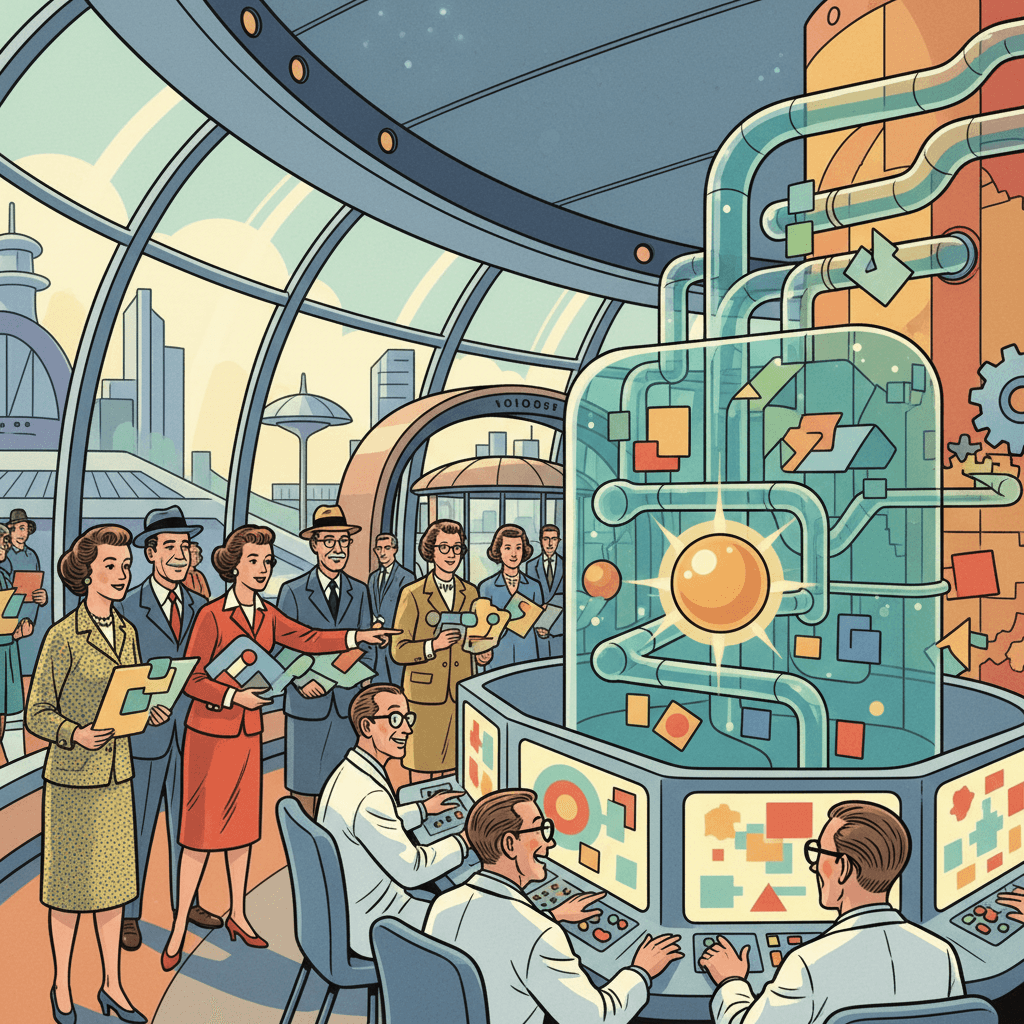 Retro-futurist 1950s-style illustration of ordinary British people submitting views to a government consultation while a friendly, transparent AI sorting system helps organise responses in the background, for an article about the Department for Transport using AI to analyse public feedback.
