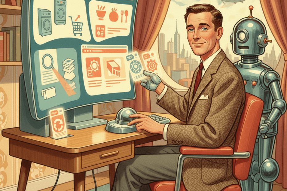 Retro-futurist 1950s-style illustration of a UK home computer user using a desktop browser while a friendly chrome robot saves repeat AI browser tasks as reusable tools across shopping and document tabs.