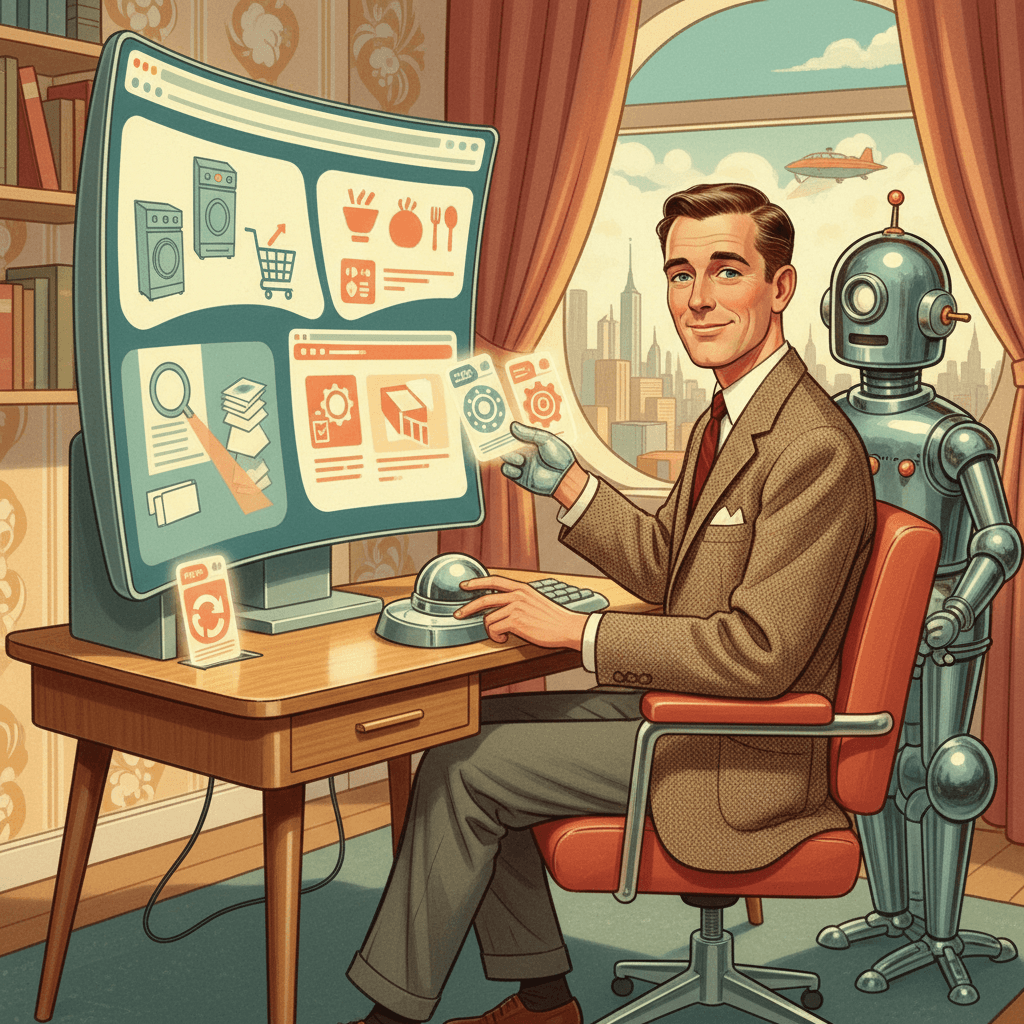 Retro-futurist 1950s-style illustration of a UK home computer user using a desktop browser while a friendly chrome robot saves repeat AI browser tasks as reusable tools across shopping and document tabs.