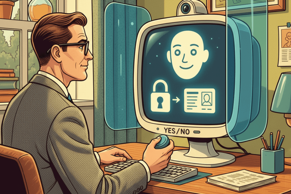 Retro-futurist 1950s-style illustration of a British home computer user weighing up whether to show photo ID to a helpful household AI assistant, with privacy-themed visual cues and no readable text.