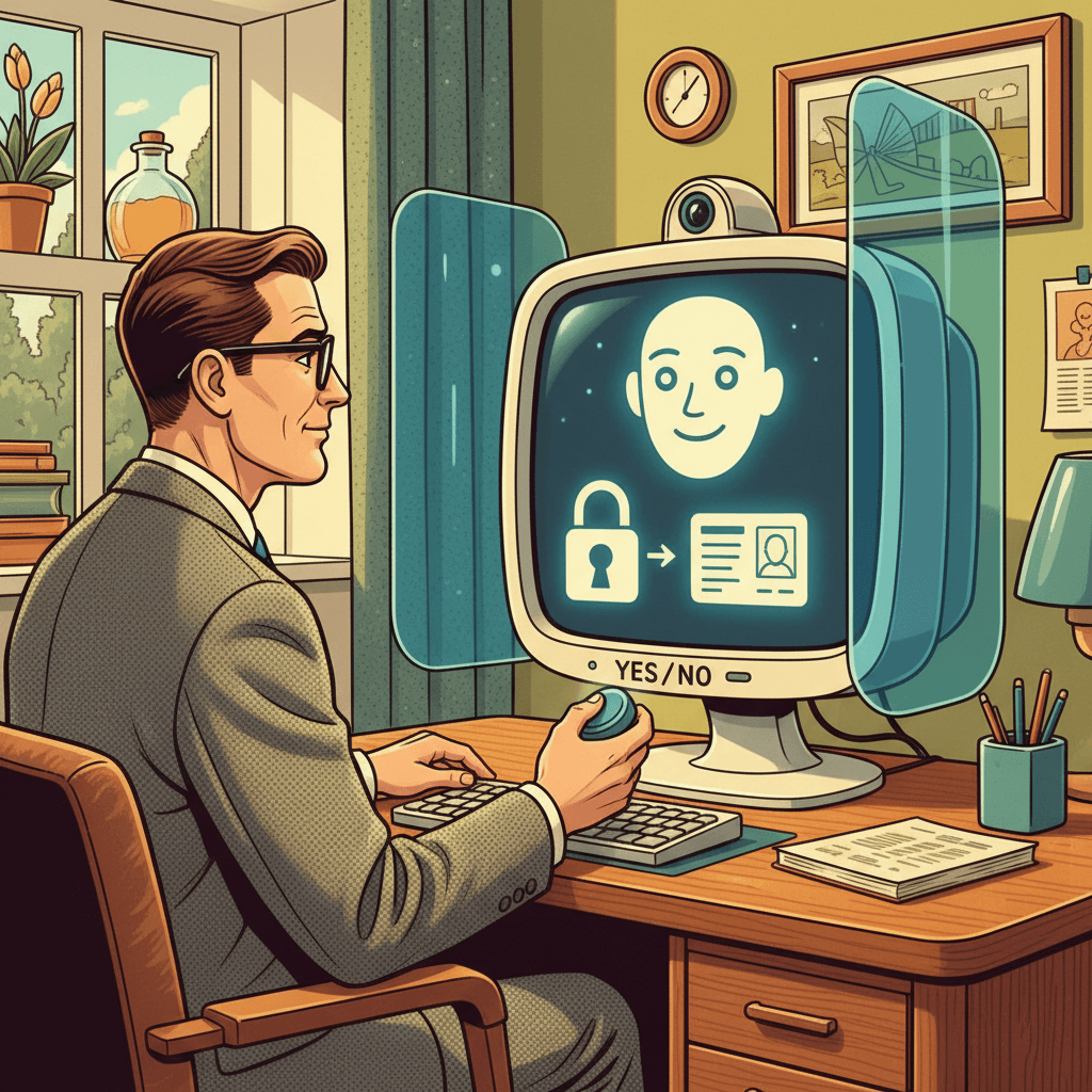Retro-futurist 1950s-style illustration of a British home computer user weighing up whether to show photo ID to a helpful household AI assistant, with privacy-themed visual cues and no readable text.