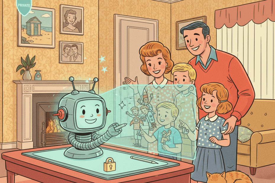 Retro-futurist 1950s-style illustration of an ordinary British family looking at an AI art tool that draws on a home photo library, with warm domestic details, privacy-themed visual cues and no readable text.