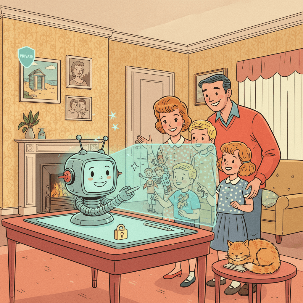 Retro-futurist 1950s-style illustration of an ordinary British family looking at an AI art tool that draws on a home photo library, with warm domestic details, privacy-themed visual cues and no readable text.