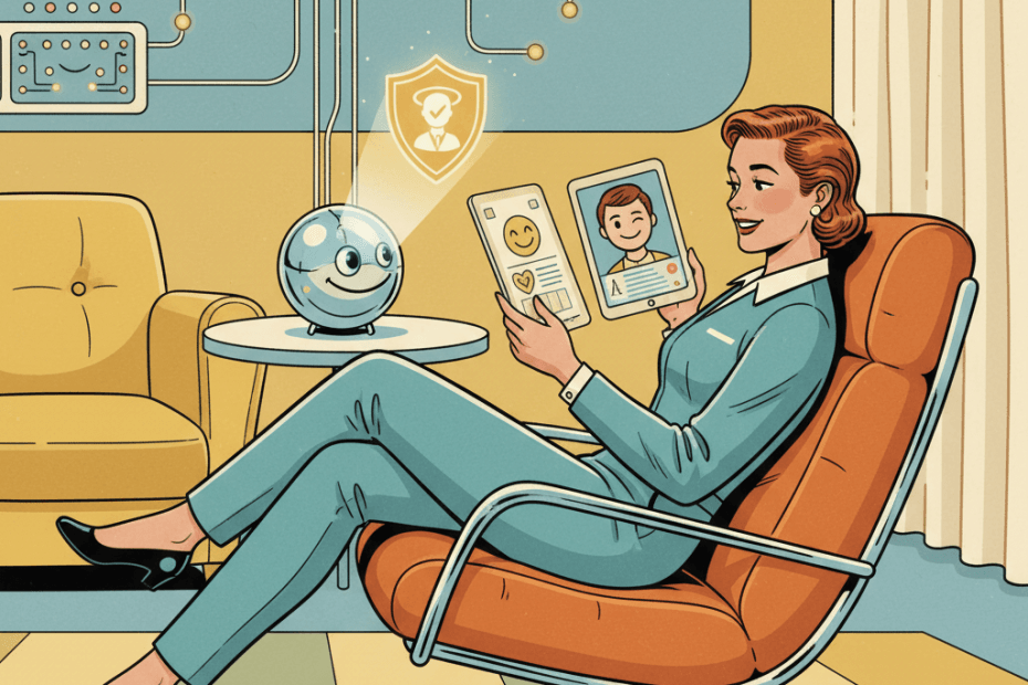 Retro-futurist 1950s-style illustration of a cheerful but cautious British person at a video call screen and dating app profile while a friendly chrome verification orb projects a glowing human badge, with no text or signage.