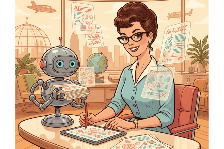 Retro-futurist 1950s-style illustration of a British office worker sorting a stack of glossy AI-generated documents while checking them carefully at a tidy desk, with friendly robot-office details and no text or signage.