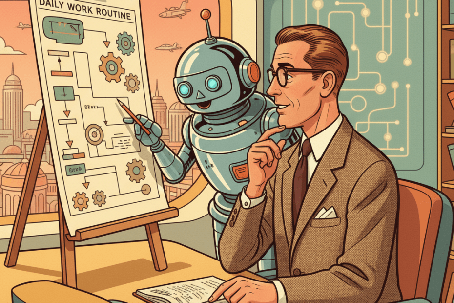 Retro-futurist 1950s-style illustration of a British office worker calmly showing a helpful robot their desk routine while keeping notes and oversight, in a bright optimistic workplace, with no text or signage.