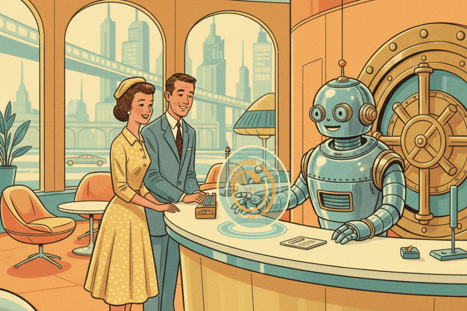 Retro-futurist 1950s-style illustration of two everyday bank customers speaking to a helpful robot clerk at a bright futuristic counter with a vault and desk terminal behind it, for an article about AI account managers in banking and what UK users should check before trusting them.