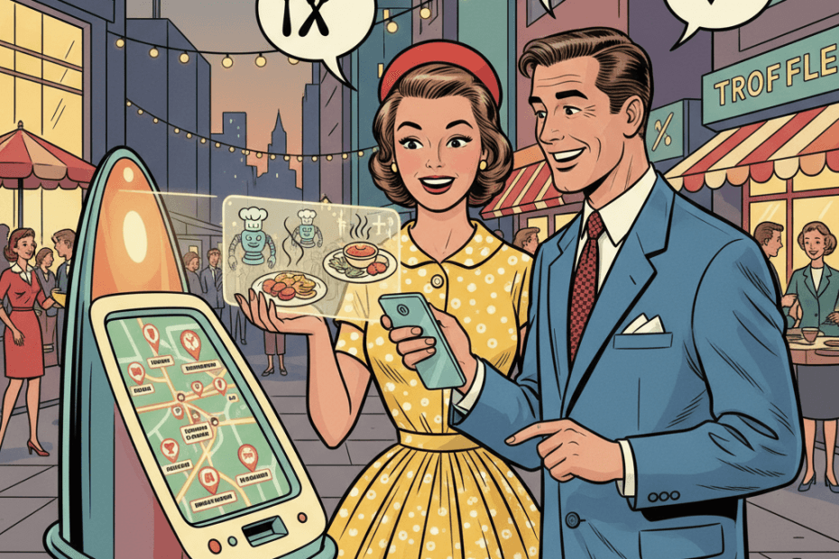 Retro-futurist 1950s-style illustration of a cheerful British couple using an AI concierge to compare restaurants and book a table, with a warm optimistic city dining scene and no text or signage.