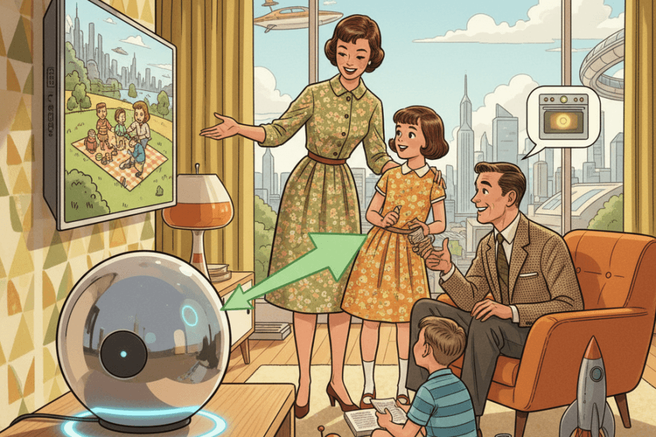 Retro-futurist 1950s-style illustration of a British family in a bright mid-century living room speaking naturally with a glowing home AI speaker, playful and optimistic, with no text or signage.