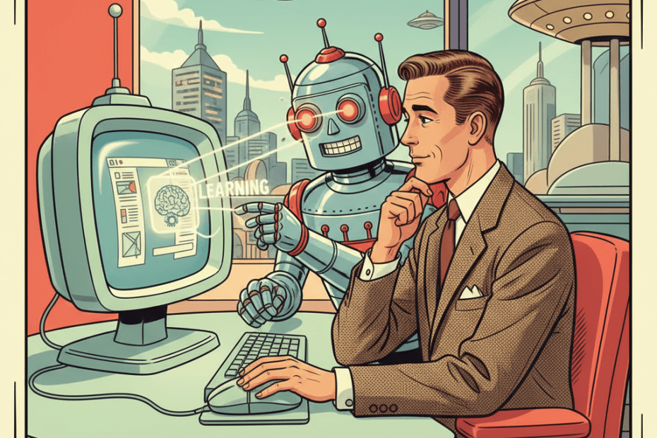 Retro-futurist 1950s-style illustration of a British office worker at a desk while a friendly household-style robot observes clicks and notes on a glowing computer, suggesting workplace AI monitoring, bright optimistic comic-book feel, no text or signage.