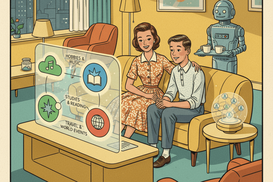 Retro-futurist 1950s-style illustration of a British parent and teenager looking at a friendly home dashboard showing broad AI chat topics, with a warm family setting, playful optimistic magazine feel, and no text or signage.
