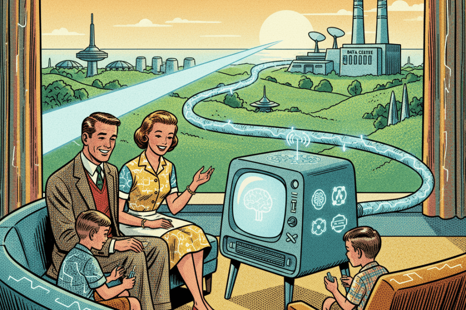 Retro-futurist 1950s-style illustration of a friendly British household looking at a glowing AI computer connected to a large clean power station and data centre in the distance, playful optimistic magazine feel, no text, no captions, no signage.