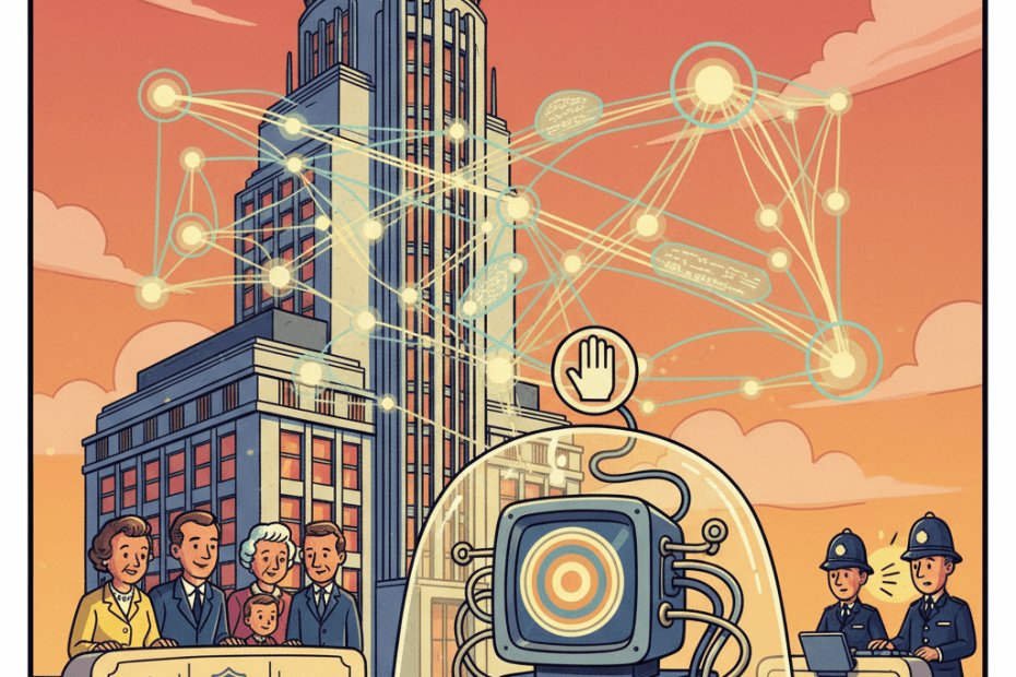 Retro-futurist 1950s-style illustration of a British city police headquarters with a friendly glowing computer analysing abstract files while ordinary citizens look on thoughtfully, playful optimistic magazine feel, no text, no captions, no signage.