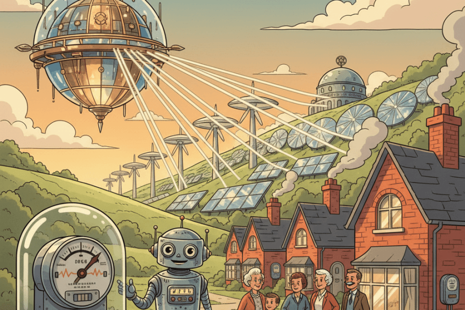 Retro-futurist 1950s-style illustration of a friendly glowing AI datacentre connected to wind turbines, pylons and UK homes, ordinary people looking thoughtfully at an electricity meter, playful optimistic illustrated magazine style, no text, no captions, no signage.