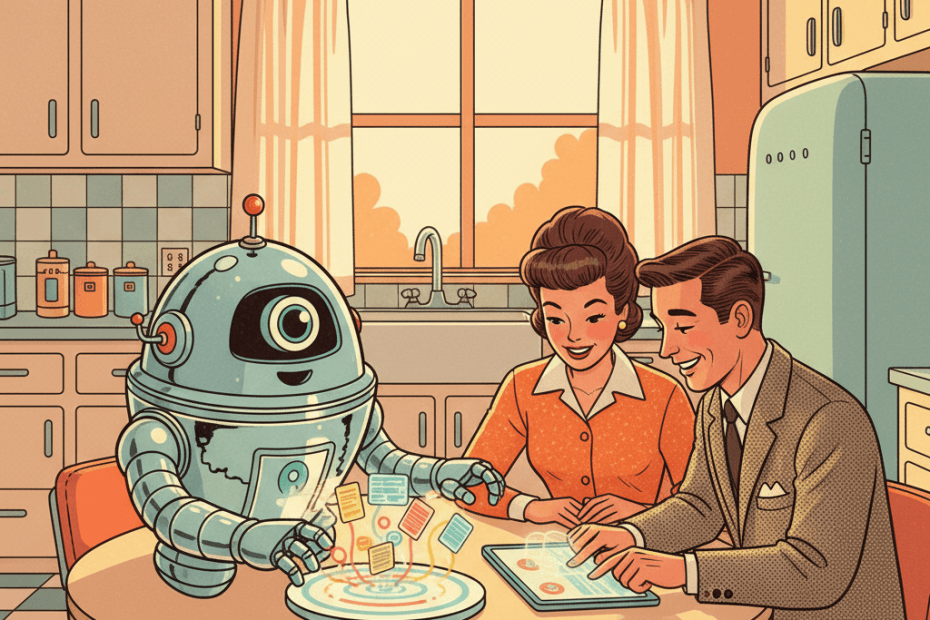Retro-futurist 1950s-style illustration of a friendly household AI assistant sorting glowing memory cards beside a UK kitchen table, ordinary people calmly checking settings on a tablet, playful optimistic illustrated magazine style, no text, no captions, no signage.