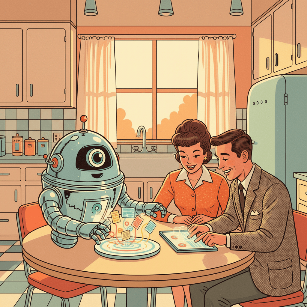 Retro-futurist 1950s-style illustration of a friendly household AI assistant sorting glowing memory cards beside a UK kitchen table, ordinary people calmly checking settings on a tablet, playful optimistic illustrated magazine style, no text, no captions, no signage.