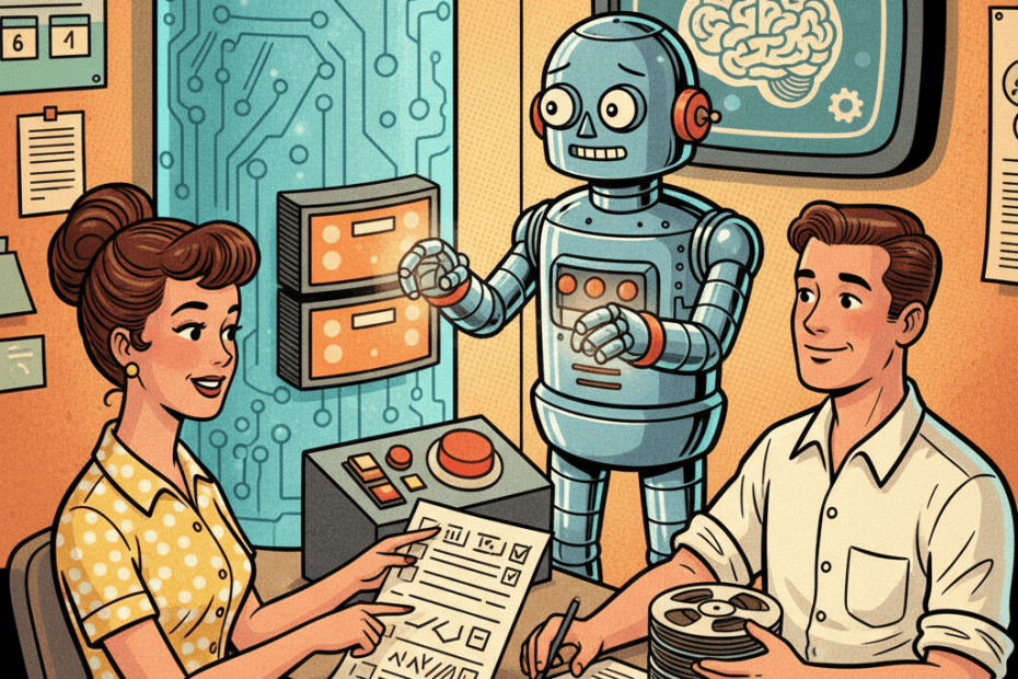 Retro-futurist 1950s-style illustration of a small office computer robot nervously holding a large red archive folder beside a glowing database cabinet, human workers calmly checking a safety checklist, optimistic comic-book magazine style, no text, no captions, no signage.