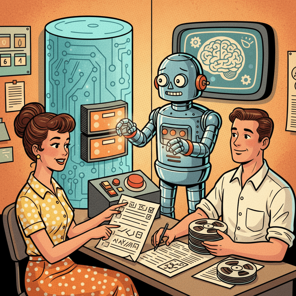 Retro-futurist 1950s-style illustration of a small office computer robot nervously holding a large red archive folder beside a glowing database cabinet, human workers calmly checking a safety checklist, optimistic comic-book magazine style, no text, no captions, no signage.
