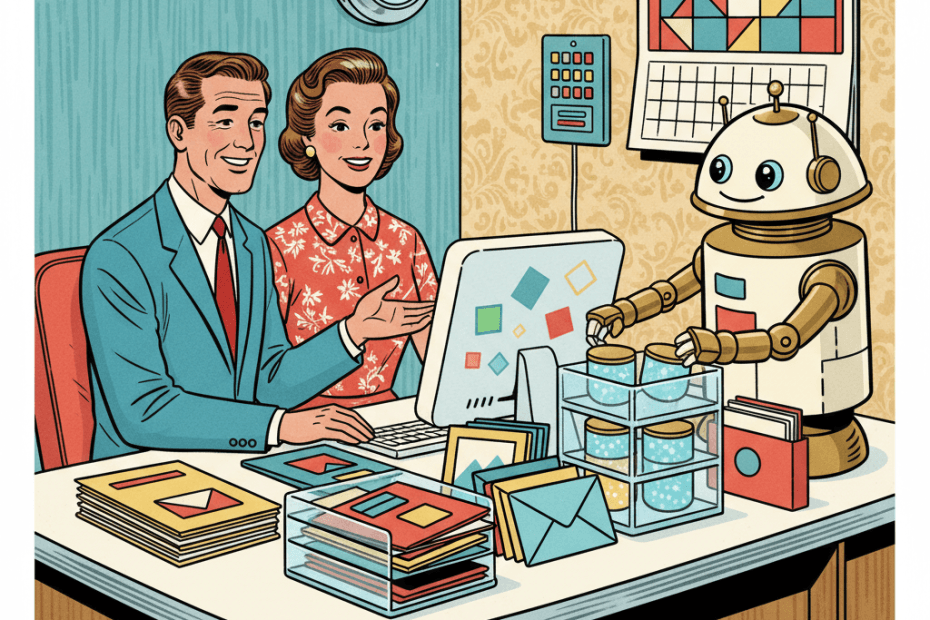 Retro-futurist 1950s-style illustration of a tidy home office with a family and a friendly helper robot organising photo albums, email folders and glowing storage containers around a streamlined computer, for an article about Google AI Pro gaining 5TB of storage and what UK users should check before upgrading.