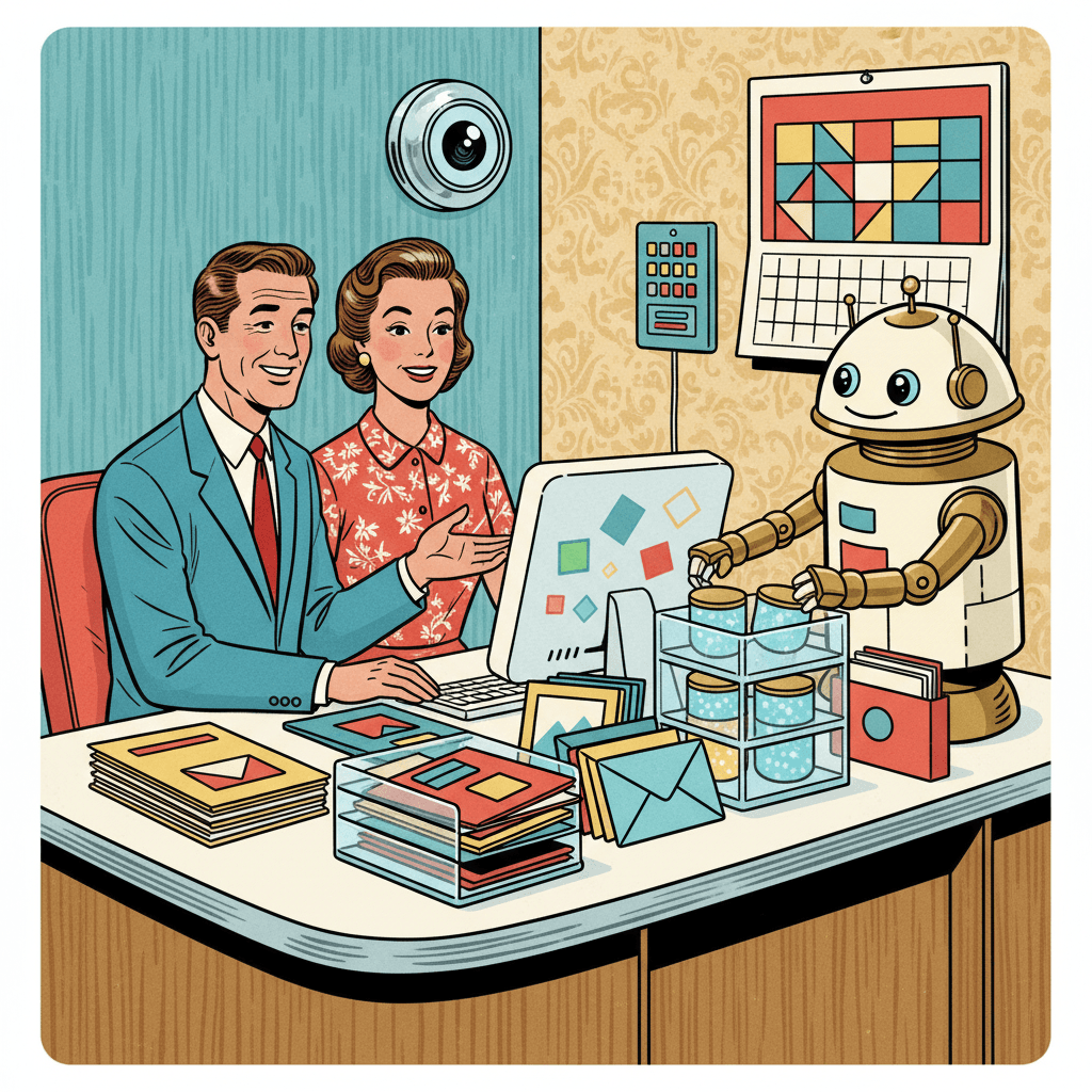 Retro-futurist 1950s-style illustration of a tidy home office with a family and a friendly helper robot organising photo albums, email folders and glowing storage containers around a streamlined computer, for an article about Google AI Pro gaining 5TB of storage and what UK users should check before upgrading.