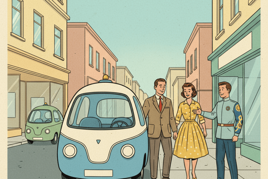 Retro-futurist 1950s-style illustration of a streamlined driverless taxi paused on a tidy British city street while two calm passengers step onto the pavement and a friendly support worker helps nearby, for an article about what UK passengers should check before driverless taxis arrive.