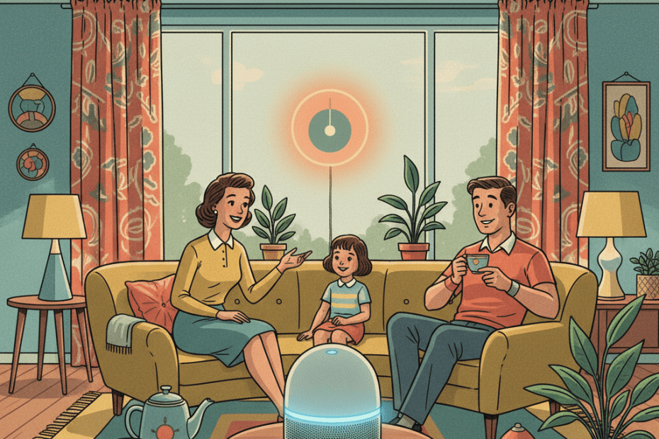 Retro-futurist 1950s-style illustration of a tidy British family room with a streamlined smart speaker, softly coloured lamps and a wall thermostat responding to a calm spoken request, for an article about Google Home understanding natural language commands more accurately.