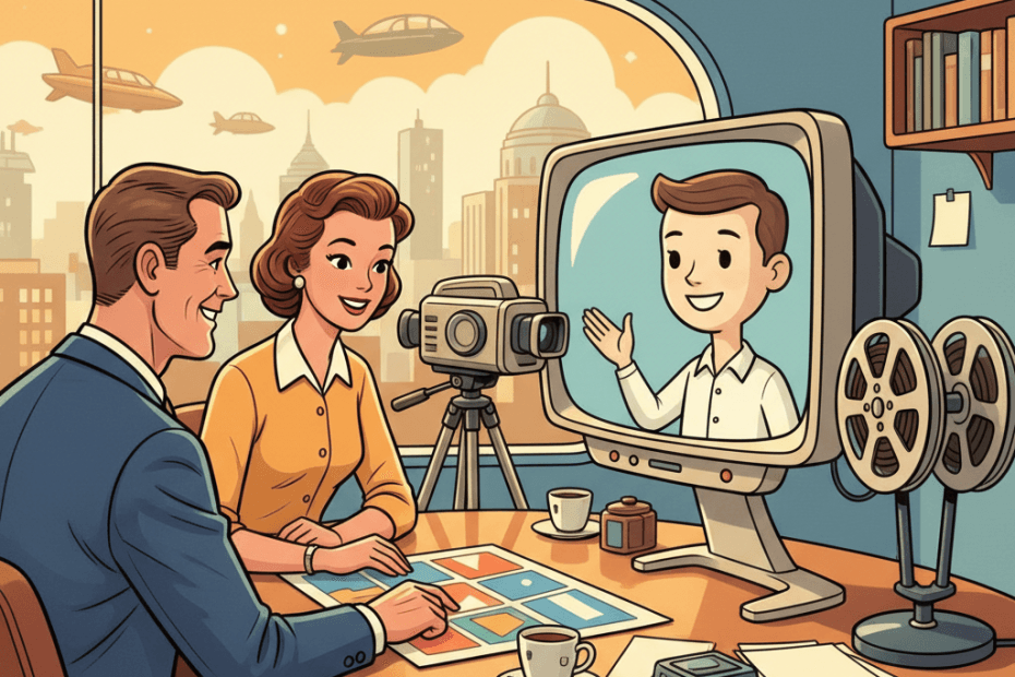 Retro-futurist 1950s-style illustration of a cheerful office studio with a presenter avatar on a screen, a small business owner reviewing a colourful storyboard, and film-making gadgets on a tidy desk, for an article about Google adding more AI video tools to Vids for work teams and small firms.