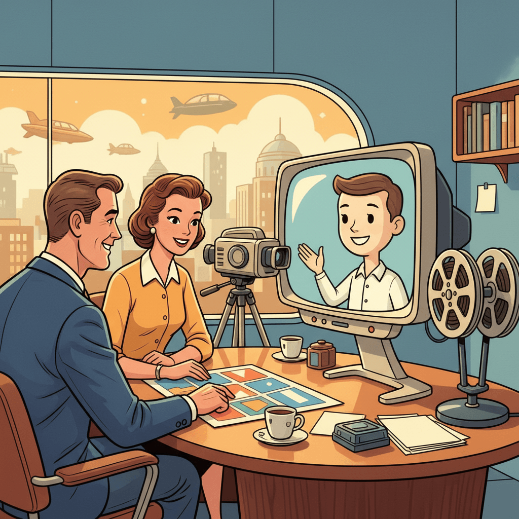 Retro-futurist 1950s-style illustration of a cheerful office studio with a presenter avatar on a screen, a small business owner reviewing a colourful storyboard, and film-making gadgets on a tidy desk, for an article about Google adding more AI video tools to Vids for work teams and small firms.