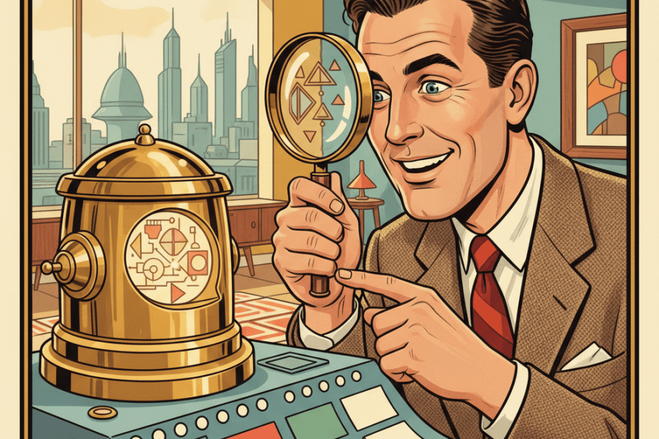 Retro-futurist 1950s-style illustration of a driver and office worker consulting a glowing robot brain at a tidy control desk, with warning lights, checklists and paper notes showing human double-checking, for an article about people trusting AI answers too quickly and how UK users can stay in control.