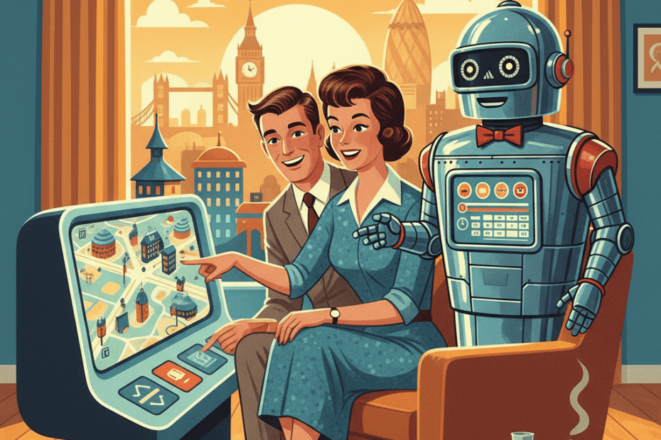 Retro-futurist 1950s-style illustration of a couple using a glowing home computer to compare restaurant options while a friendly robot concierge points to a dinner reservation calendar, for an article about Google AI Search helping UK users find and book restaurant tables.