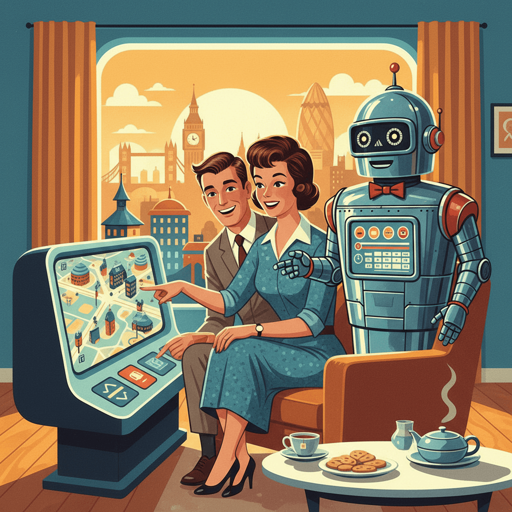 Retro-futurist 1950s-style illustration of a couple using a glowing home computer to compare restaurant options while a friendly robot concierge points to a dinner reservation calendar, for an article about Google AI Search helping UK users find and book restaurant tables.