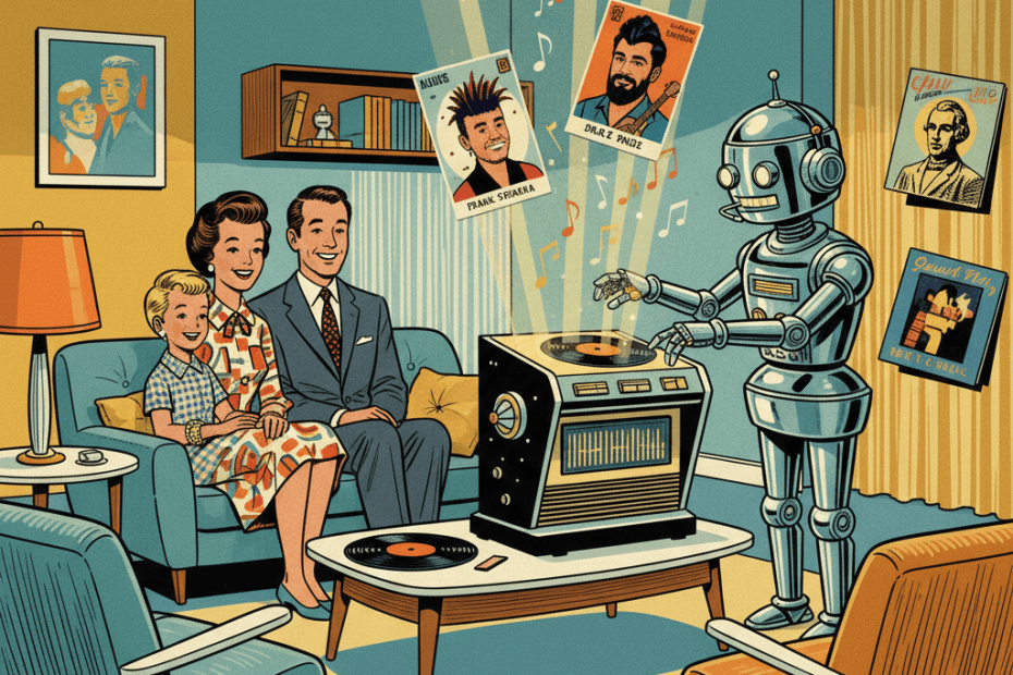 Retro-futurist 1950s-style illustration of a family in a bright mid-century sitting room staring at a glowing music console while a chrome robot DJ sorts vinyl sleeves with mismatched artist portraits, for an article about AI-made fake songs appearing under real artists’ names on Spotify.