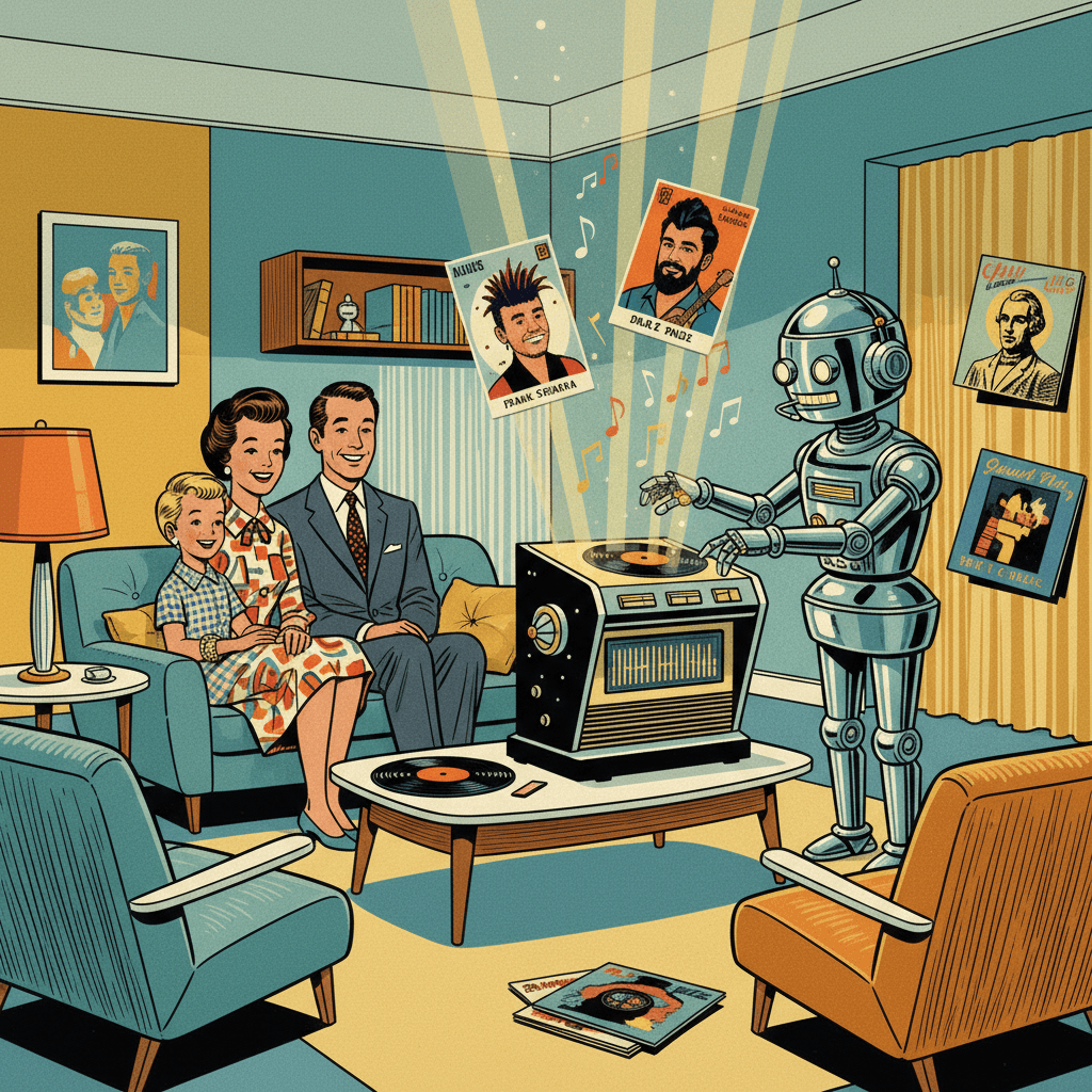 Retro-futurist 1950s-style illustration of a family in a bright mid-century sitting room staring at a glowing music console while a chrome robot DJ sorts vinyl sleeves with mismatched artist portraits, for an article about AI-made fake songs appearing under real artists’ names on Spotify.