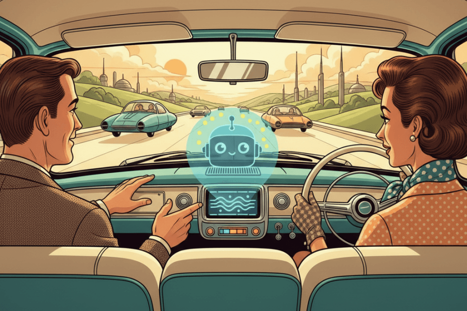 Retro-futurist 1950s-style illustration of a careful right-hand-drive car journey with a glowing voice-assistant display and a friendly helper robot while the driver keeps full attention on the road, for an article about ChatGPT arriving in Apple CarPlay and what UK drivers should check before using it.