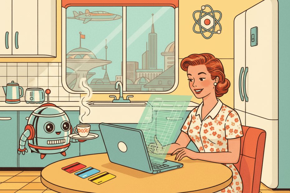 Retro-futurist 1950s-style illustration of a worried but calm person checking a bank statement beside a friendly home computer and robot assistant, with gift cards shown as plain coloured cards, optimistic comic-book magazine style, no text, no speech bubbles, no captions, no signage.