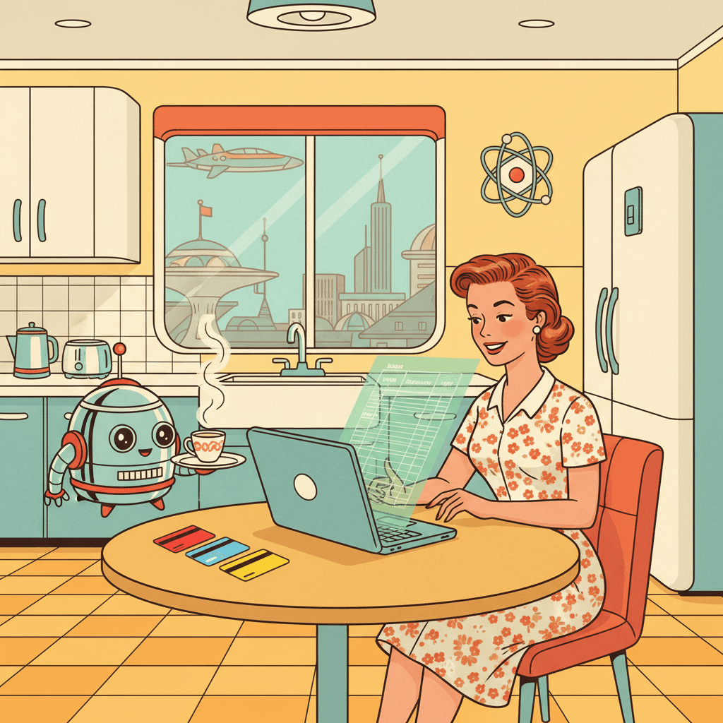 Retro-futurist 1950s-style illustration of a worried but calm person checking a bank statement beside a friendly home computer and robot assistant, with gift cards shown as plain coloured cards, optimistic comic-book magazine style, no text, no speech bubbles, no captions, no signage.