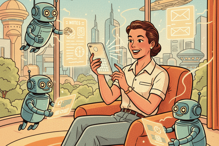 Retro-futurist 1950s-style illustration of a cheerful person speaking into a glowing smartphone keyboard while helpful robot assistants organise notes, optimistic comic-book style with no text, captions, signage or speech bubbles.
