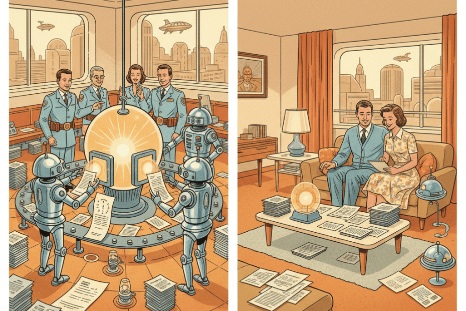 Retro-futurist 1950s-style illustration of a friendly tax office computer helping staff check paperwork while ordinary people keep receipts organised, optimistic comic-book style with no text, captions, signage or speech bubbles.