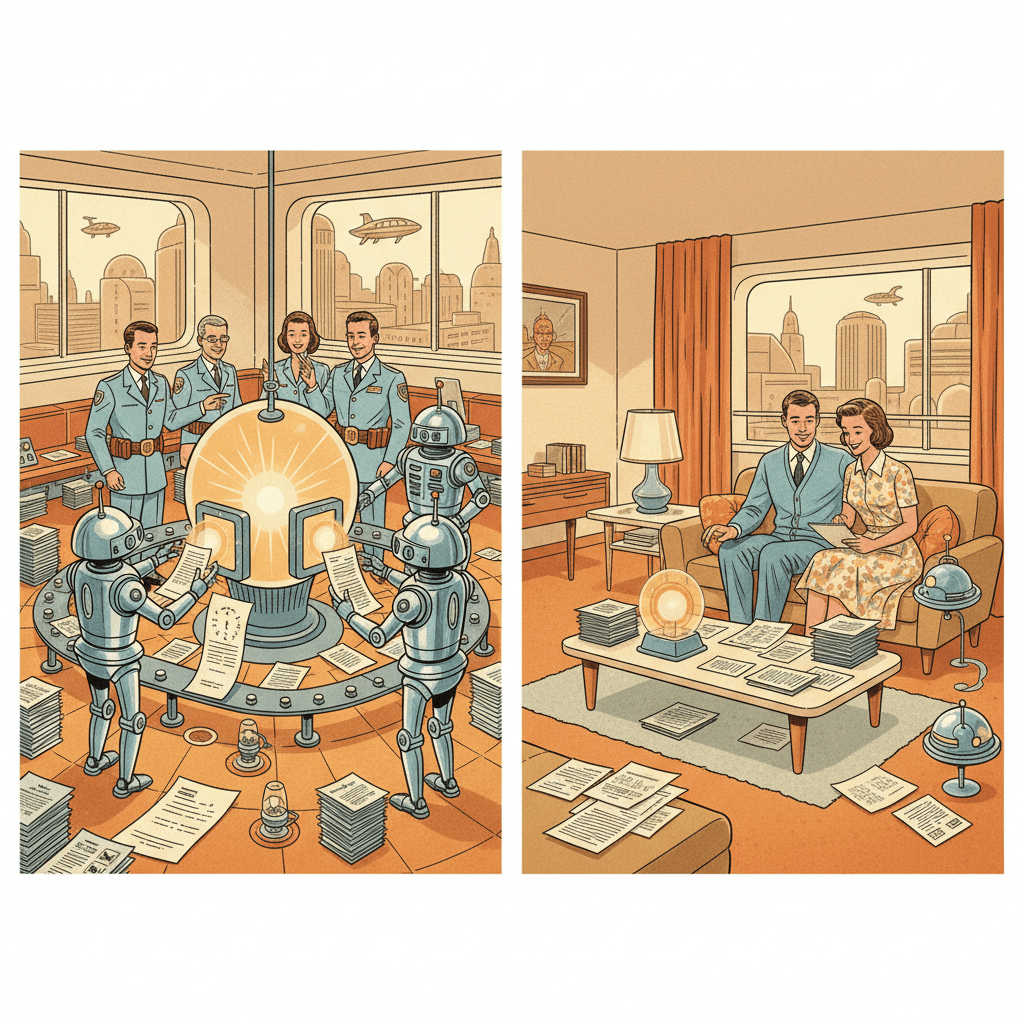 Retro-futurist 1950s-style illustration of a friendly tax office computer helping staff check paperwork while ordinary people keep receipts organised, optimistic comic-book style with no text, captions, signage or speech bubbles.